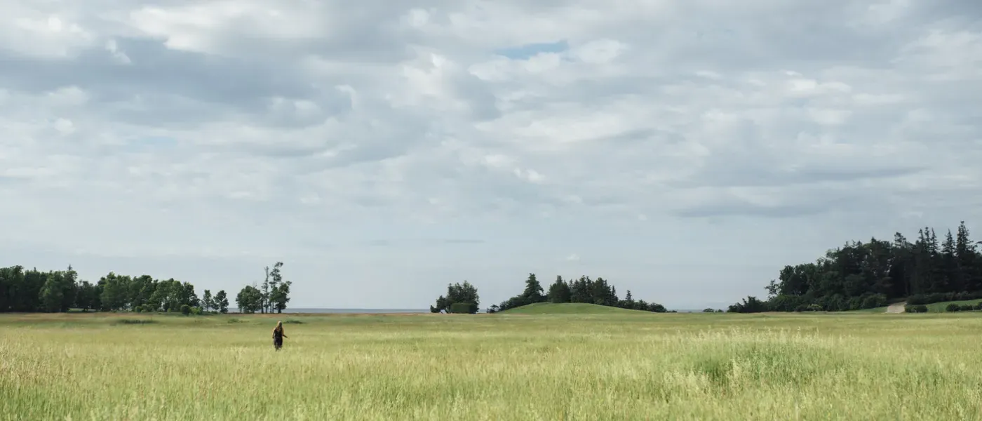 A person stands in the grasslands in Vermont